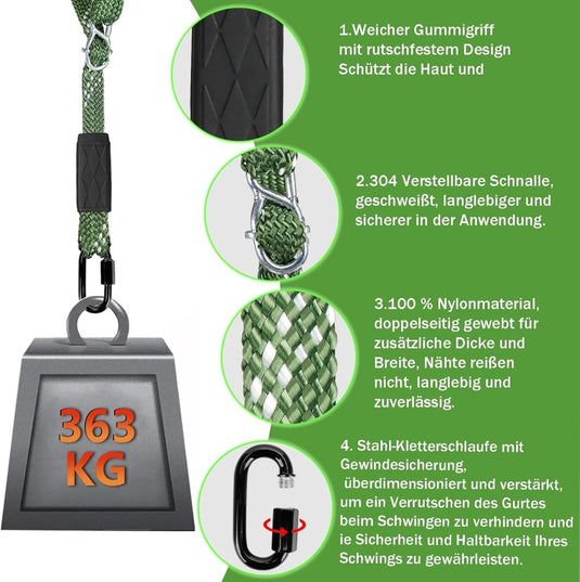 Schommelbevestiging Set 2 Stuks – Verstelbaar Nylon Schommeltouw 101 cm met Karabijnhaken – Tot 363 kg – Binnen & Buiten - happygetfit.com
