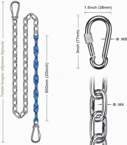 Schommelkettingen 4 stuks 170 cm van roestvrij staal met karabijnhaken en zachte handgrepen – ophangkettingen – bokszakophanging - happygetfit.com