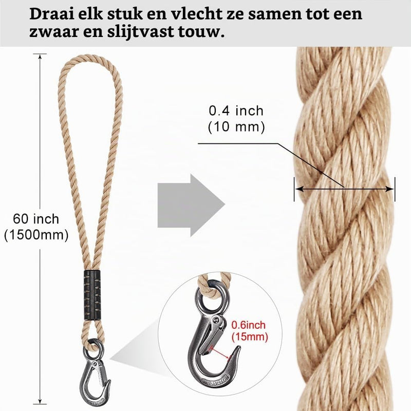 Laden Sie das Bild in Galerie -Viewer, Schommeltouw 50 cm van gevlochten polyester met roestvrijstalen ophanghaak – boomschommel – hangmatbevestiging - happygetfit.com
