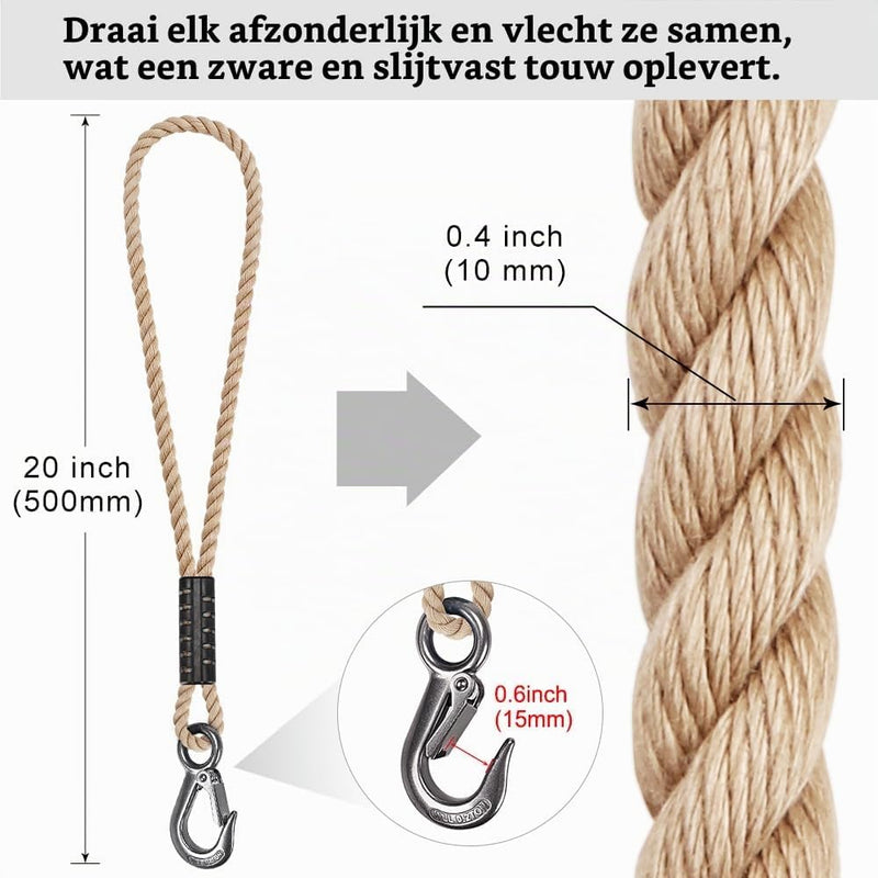 Laden Sie das Bild in Galerie -Viewer, Schommeltouw 50 cm van gevlochten polyester met roestvrijstalen ophanghaak – boomschommel – hangmatbevestiging - happygetfit.com
