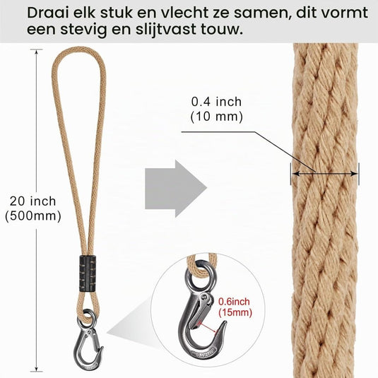 Schommeltouw 50 cm van gevlochten polyester met roestvrijstalen ophanghaak – boomschommel – hangmatbevestiging - happygetfit.com