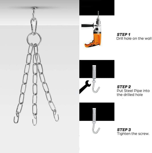 Om uw bokszak te installeren: Boor een gat, steek de stalen buis erin en draai de schroef vast. Veilig bevestigen "Transformeer jouw training met onze rode kunstlederen bokszak!" met kettingen aan het plafond.