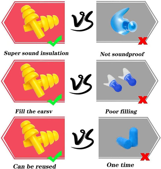 Deze vergelijking richt zich op twee oordopjes: de gele bieden uitstekende geluidsisolatie en herbruikbaarheid, terwijl de blauwe geen vulling hebben en wegwerpbaar zijn. Kies Siliconen oordopjes voor superieure geluidsbescherming om het gehoor te beschermen.