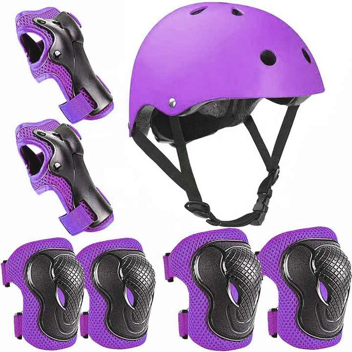 Laad afbeelding in Galerijviewer, De &quot;Skate beschermingsset voor kinderen: veilig en comfortabel&quot; is een paarse set inclusief een helm, polsbeschermers, elleboogbeschermers en kniebeschermers, allemaal weergegeven op een smetteloos witte achtergrond.
