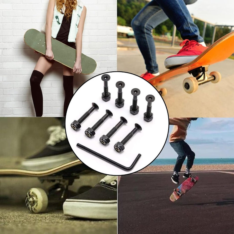 Load image into Gallery viewer, Skateboard schroeven met moeren en sleutel 8 stuks zwart – truck montagebouten – skate accessoires - happygetfit.com
