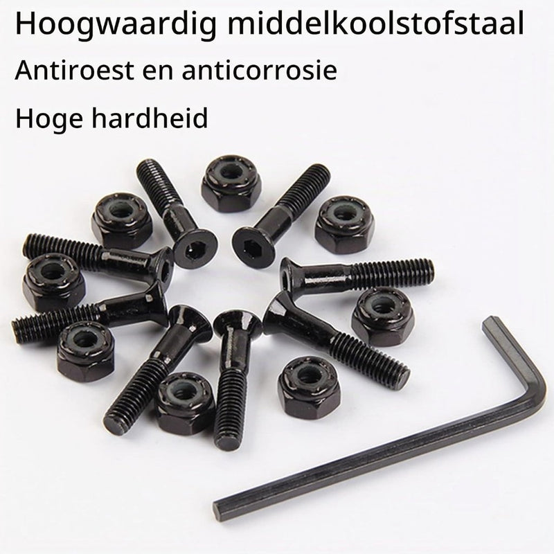 Load image into Gallery viewer, Skateboard schroeven met moeren en sleutel 8 stuks zwart – truck montagebouten – skate accessoires - happygetfit.com
