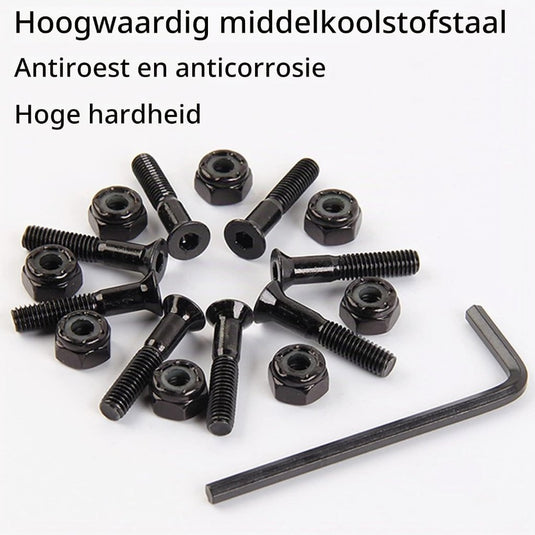 Skateboard schroeven met moeren en sleutel 8 stuks zwart – truck montagebouten – skate accessoires - happygetfit.com
