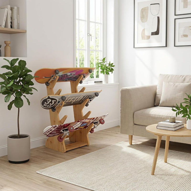 Load image into Gallery viewer, Skateboard vloerrek van hout met 5 vakken – vrijstaande boardhouder – skateboard opbergrek - happygetfit.com
