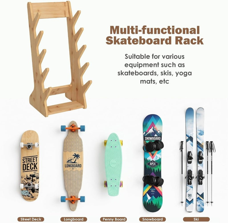 Load image into Gallery viewer, Skateboard vloerrek van hout met 5 vakken – vrijstaande boardhouder – skateboard opbergrek - happygetfit.com
