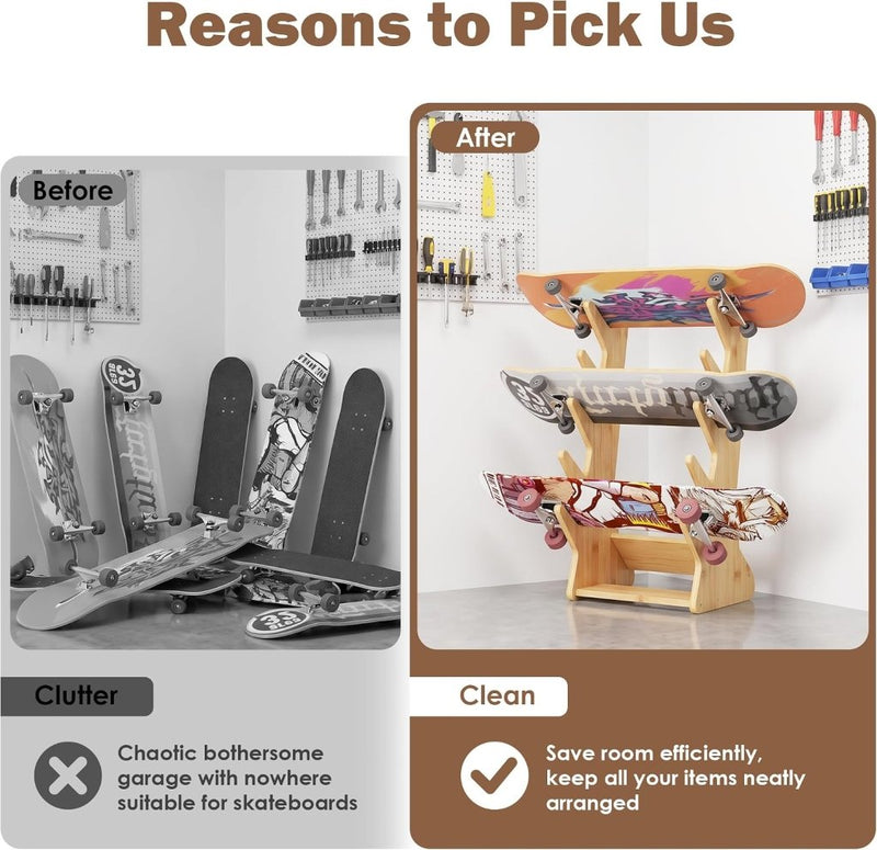 Load image into Gallery viewer, Skateboard vloerrek van hout met 5 vakken – vrijstaande boardhouder – skateboard opbergrek - happygetfit.com
