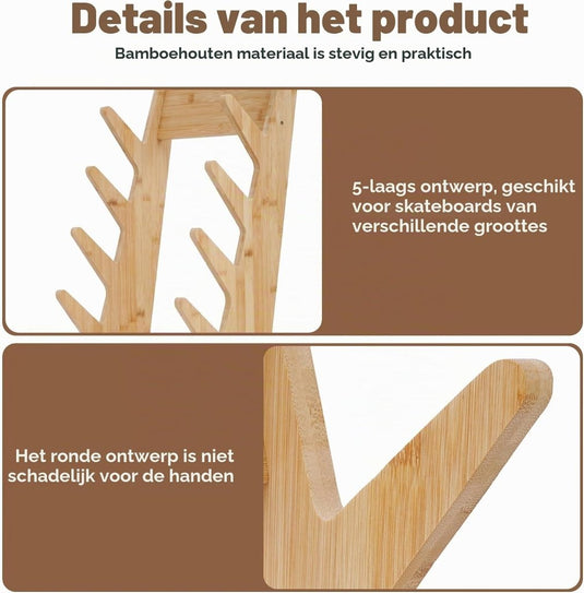 Skateboard vloerrek van hout met 5 vakken – vrijstaande boardhouder – skateboard opbergrek - happygetfit.com
