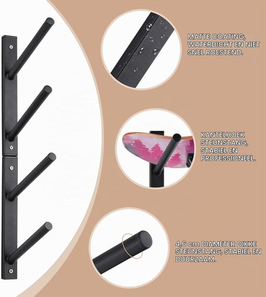 Skateboard wandrek 8 niveaus van staal zwart – wandhouder voor skateboard longboard en snowboard - happygetfit.com
