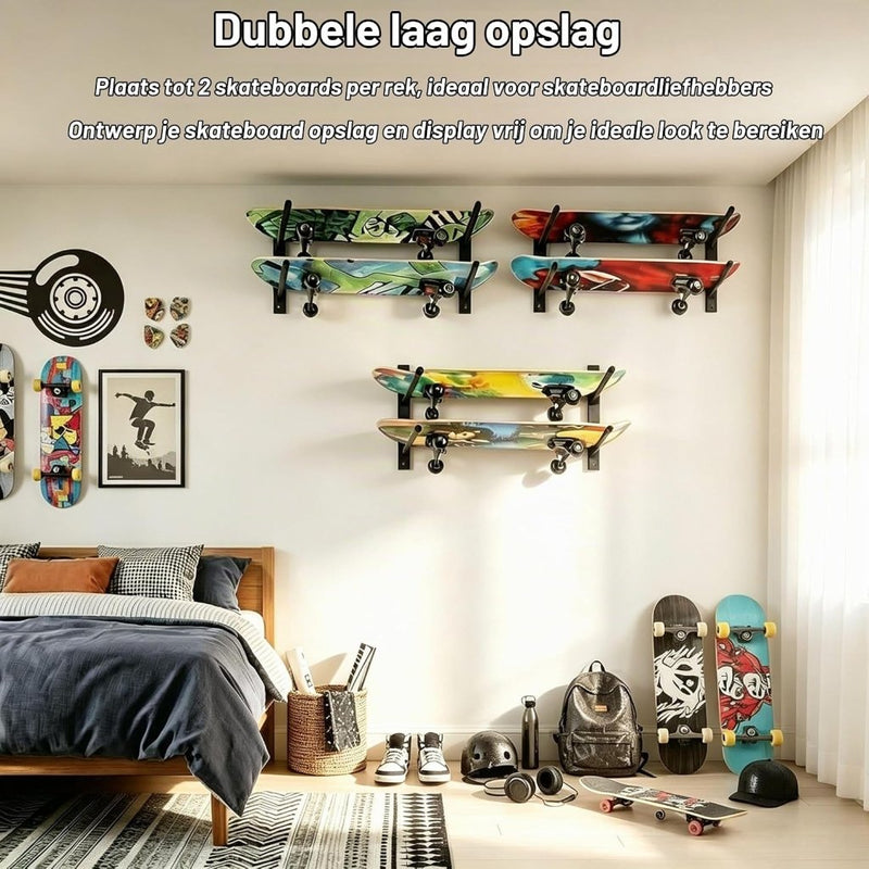Laad afbeelding in Galerijviewer, Skateboard wandrek 8 niveaus van staal zwart – wandhouder voor skateboard longboard en snowboard - happygetfit.com
