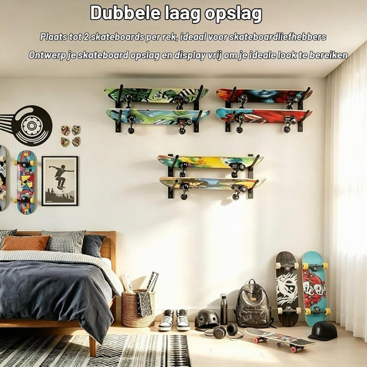 Skateboard wandrek 8 niveaus van staal zwart – wandhouder voor skateboard longboard en snowboard - happygetfit.com