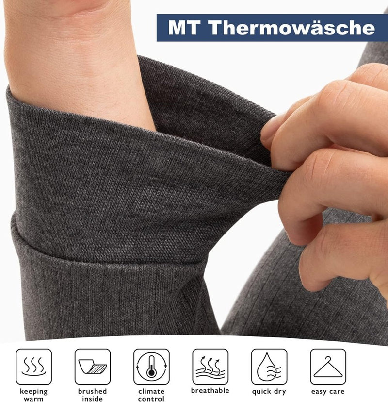 Laad afbeelding in Galerijviewer, Met één hand rekt u de grijze stof uit met het label &quot;MT Thermowäsche.&quot; Voordeelpictogrammen tonen: warmte-isolatie, geborstelde binnenkant, klimaatbeheersing, ademend, sneldrogend, gemakkelijk te onderhouden. Ideaal voor buitenactiviteiten. Ervaar comfort met onze heren ski en thermische onderbroek.
