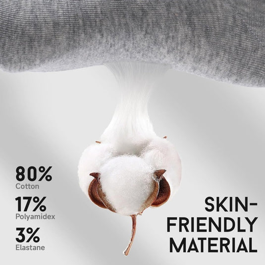 Afbeelding van een katoenplant met de tekst: "80% Katoen, 17% Polyamide, 3% Elastaan. Huidvriendelijk materiaal met ademend mesh voor ultiem comfort" op een grijze achtergrond. Product: Perfecte pasvorm en vergroot comfort – De ideale sneakersokken voor iedereen.