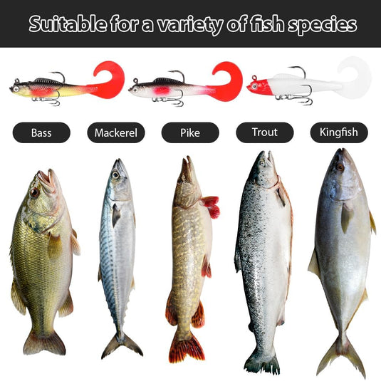 Softbait kunstaas 9 stuks van flexibel PVC met bewegende staart en scherpe dreggen – swimbaits – roofvislokmiddelen - happygetfit.com
