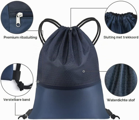 Sport rugzak met trekkoord 41 x 33,5 cm van slijtvast Oxford met gaasvak en hoofdtelefoonopening – zwemtas – gymrugzak - happygetfit.com