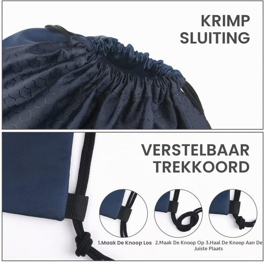 Sport rugzak met trekkoord 41 x 33,5 cm van slijtvast Oxford met gaasvak en hoofdtelefoonopening – zwemtas – gymrugzak - happygetfit.com