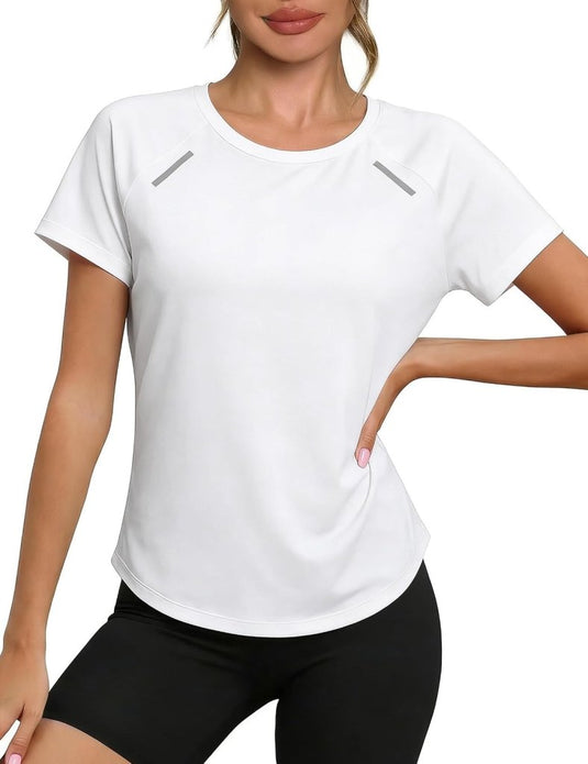 Sportshirt dames met ronde hals en raglanmouwen van sneldrogende stretchstof – hardloopshirt – trainingskleding - happygetfit.com