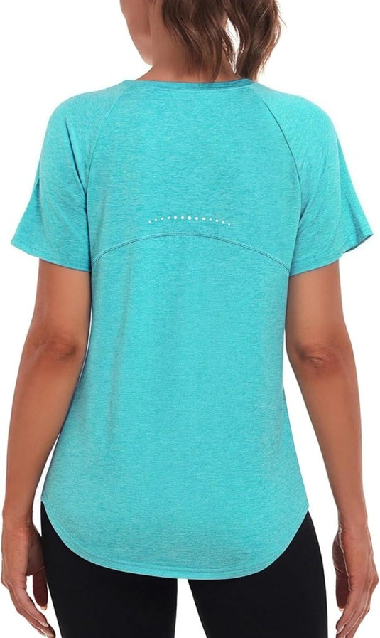 Sportshirt dames met ronde hals en raglanmouwen van sneldrogende stretchstof – hardloopshirt – trainingskleding - happygetfit.com