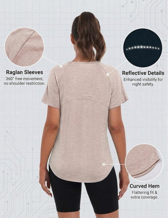 Sportshirt dames met ronde hals en raglanmouwen van sneldrogende stretchstof – hardloopshirt – trainingskleding - happygetfit.com