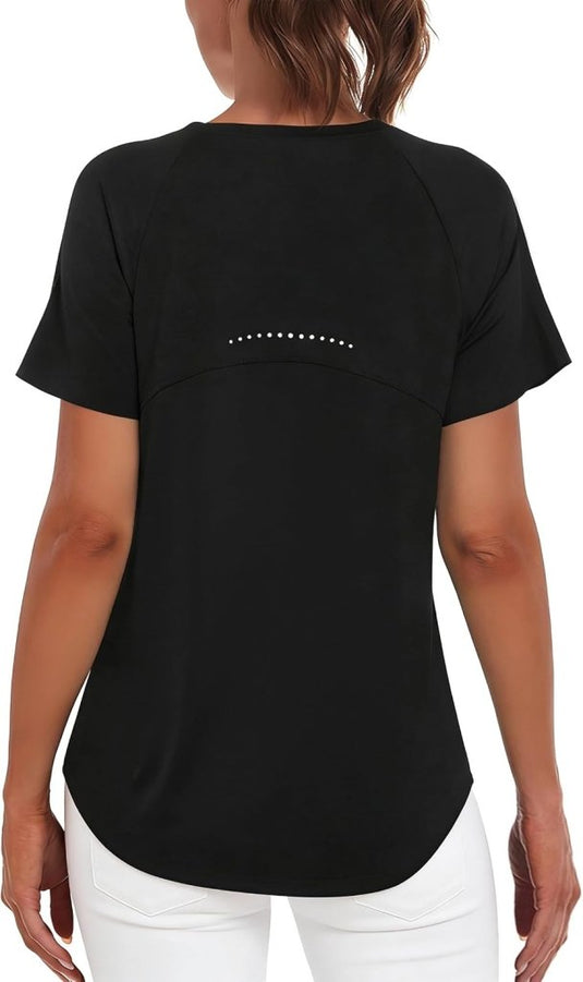Sportshirt dames met ronde hals en raglanmouwen van sneldrogende stretchstof – hardloopshirt – trainingskleding - happygetfit.com