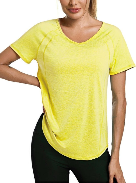 Sportshirt dames met V-hals en korte mouwen van ademende sneldrogende stof – fitnessshirt – yogakleding - happygetfit.com