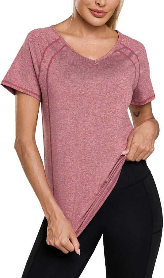 Sportshirt dames met V-hals en korte mouwen van ademende sneldrogende stof – fitnessshirt – yogakleding - happygetfit.com