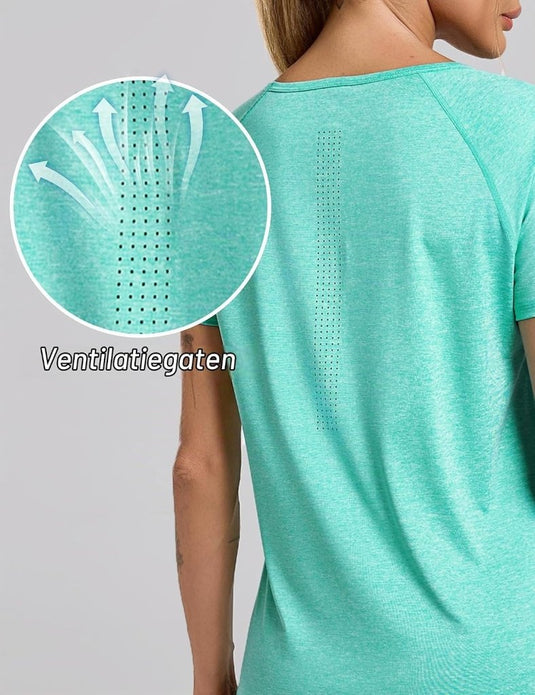 Sportshirt dames met V-hals en korte mouwen van ademende sneldrogende stof – fitnessshirt – yogakleding - happygetfit.com