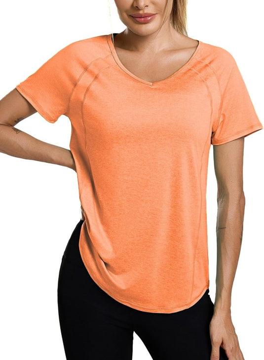 Sportshirt dames met V-hals en korte mouwen van ademende sneldrogende stof – fitnessshirt – yogakleding - happygetfit.com