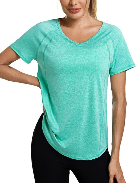 Sportshirt dames met V-hals en korte mouwen van ademende sneldrogende stof – fitnessshirt – yogakleding - happygetfit.com