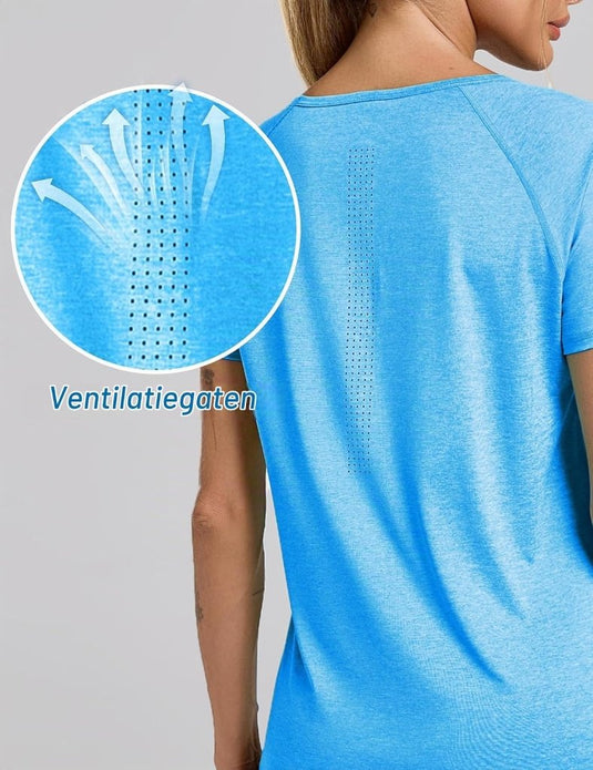 Sportshirt dames met V-hals en korte mouwen van ademende sneldrogende stof – fitnessshirt – yogakleding - happygetfit.com