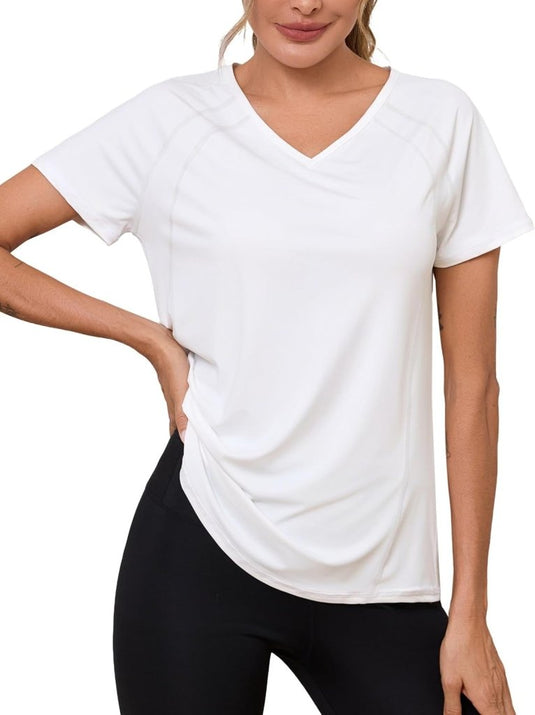 Sportshirt dames met V-hals en korte mouwen van ademende sneldrogende stof – fitnessshirt – yogakleding - happygetfit.com