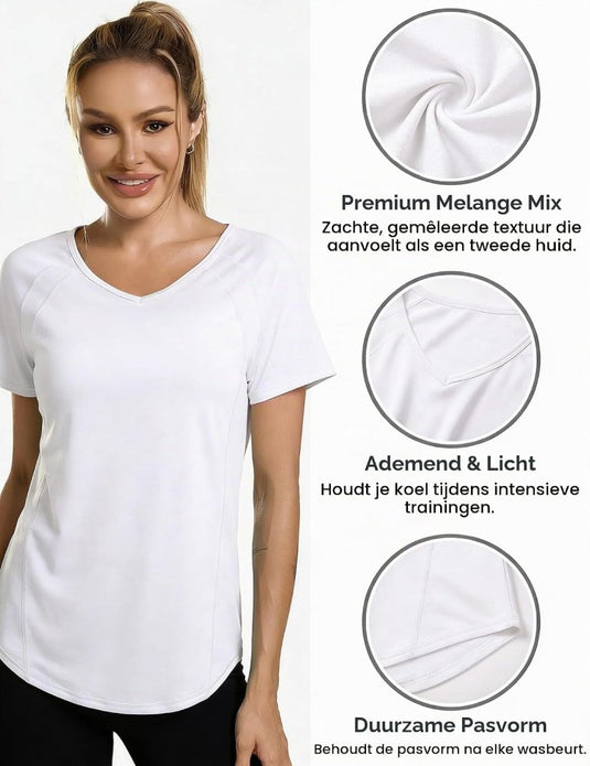 Sportshirt dames met V-hals en korte mouwen van ademende sneldrogende stof – fitnessshirt – yogakleding - happygetfit.com