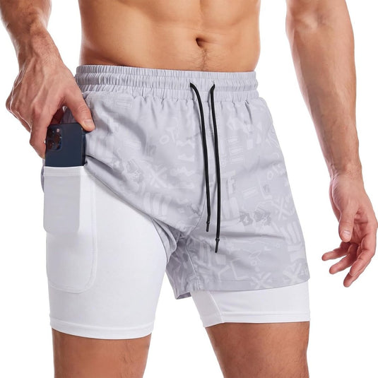 Sportshort heren 2-in-1 met compressiebroek en zakken met ritssluiting – hardloopbroek – fitnesskleding - happygetfit.com