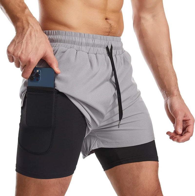 Laden Sie das Bild in Galerie -Viewer, Sportshort heren 2-in-1 met compressiebroek en zakken met ritssluiting – hardloopbroek – fitnesskleding - happygetfit.com

