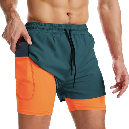 Sportshort heren 2-in-1 met compressiebroek en zakken met ritssluiting – hardloopbroek – fitnesskleding - happygetfit.com
