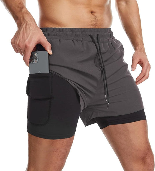 Sportshort heren 2-in-1 met compressiebroek en zakken met ritssluiting – hardloopbroek – fitnesskleding - happygetfit.com