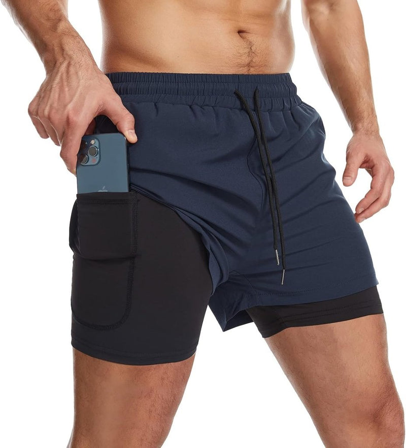 Laden Sie das Bild in Galerie -Viewer, Sportshort heren 2-in-1 met compressiebroek en zakken met ritssluiting – hardloopbroek – fitnesskleding - happygetfit.com

