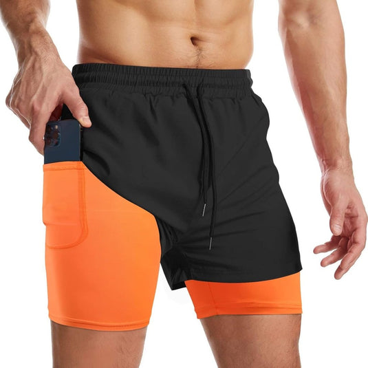Sportshort heren 2-in-1 met compressiebroek en zakken met ritssluiting – hardloopbroek – fitnesskleding - happygetfit.com