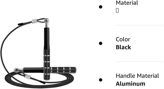 Ontdek het "Maximaliseer je training met het verstelbare springtouw", een zwart springtouw met antislip aluminium handvatten en een verstelbaar ontwerp, naast details over het materiaal en de kleur.