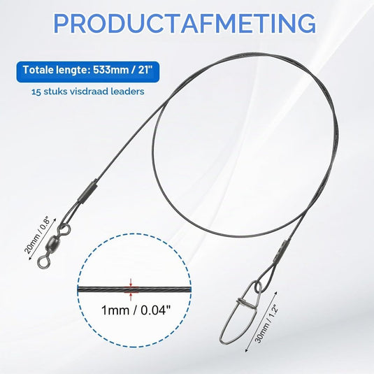 Stalen visonderlijnen 53,3 cm 56,7 kg 15 stuks met wartel en snap – leaderlijn – visaccessoires - happygetfit.com