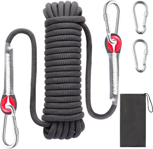 Statisch Klimtouw 10 m x 10 mm met 2 Karabijnhaken – Outdoor Touw voor Abseilen, Klimmen, Camping – Zwart - happygetfit.com