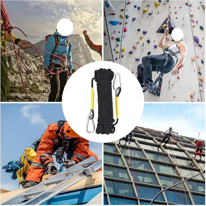 Laad afbeelding in Galerijviewer, Statisch outdoor touw 40 m x 10 mm – met 2 stalen haken – gevlochten touw voor camping, wandelen, vissen en slepen – zwart - happygetfit.com
