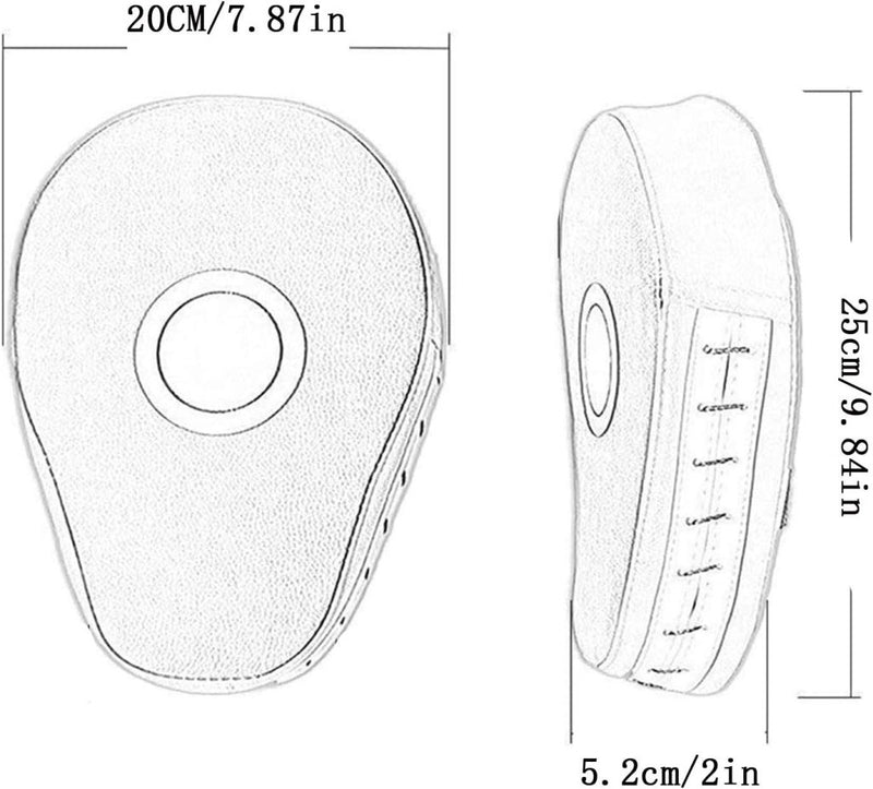 Laad afbeelding in Galerijviewer, Hier is een illustratie van een bokshandschoen voor gevechtssporttraining: de afmetingen zijn 20 cm hoog, 25 cm lang en 5,2 cm breed. De voor- en zijaanzichten benadrukken de duurzaamheid ervan, wat lijkt op &quot;Verbeter je training met onze duurzame leren focus pads.
