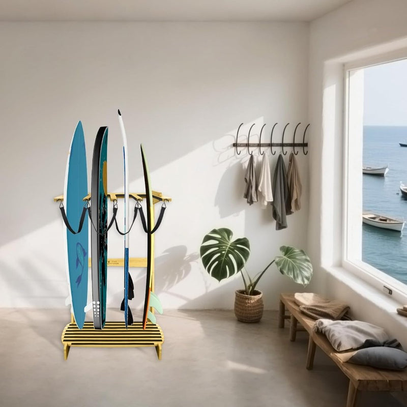 Załaduj obraz do przeglądarki galerii, Surfboard wandrek voor 3 boards van staal met schuimbescherming – SUP longboard surfplank houder - happygetfit.com
