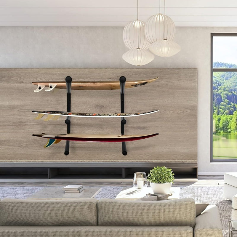 Załaduj obraz do przeglądarki galerii, Surfboard wandrek voor 3 boards van staal met schuimbescherming – SUP longboard surfplank houder - happygetfit.com
