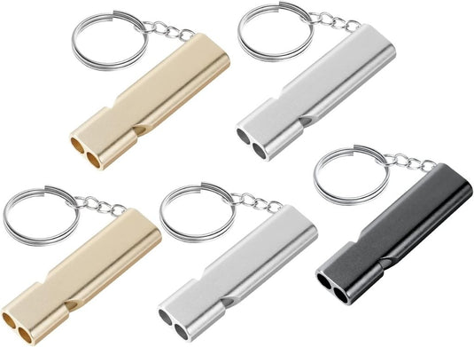 Survivalfluitjes 5 stuks van aluminium met dubbele luchtbuis en sleutelhanger tot 120 dB – noodfluitjes – signaalfluitjes - happygetfit.com