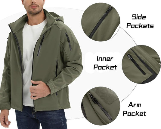 TACVASEN Softshell Herenjack Waterafstotend Militair Jack Warm Outdoorjack met Meerdere Ritszakken - happygetfit.com